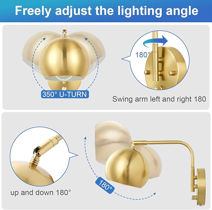 Wall Sconce with Remote Control, Plug in Wall Sconces Dimming 0-100% and Adjustable Color Temperature 2700K-6000K, Brushed Brass Globe Swing Arm Wall Lights with Plug in Cord(2 Pack, 2 Bulbs)
