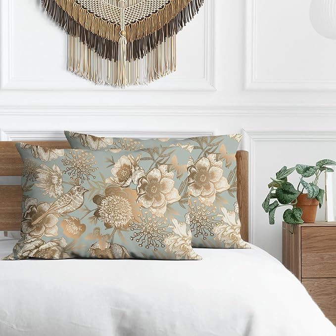Chinoiserie Pillow Protectors with Zipper Standard Size Vintage Floral Birds Print Pillow Covers Set of 2 Rustic Nature Gold Flowers Pillow Cases Antique Mid Century Modern Bed Pillow Covers 20"x36"