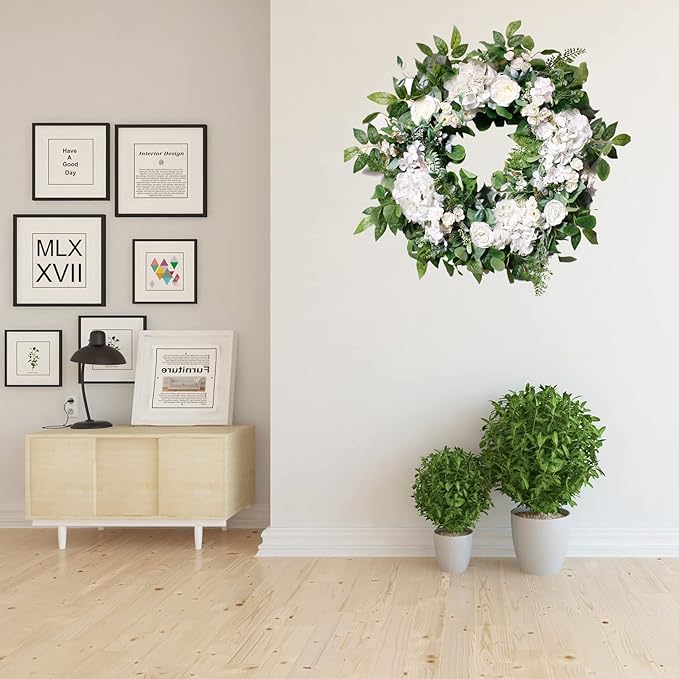 24 Inch Spring Summer Wreaths for Front Door, Spring Wreath,Summer Door Wreaths Outside,Large Floral Flowers Wreath with White Hydrangea for All Seasons Indoor Outdoor Home Decor