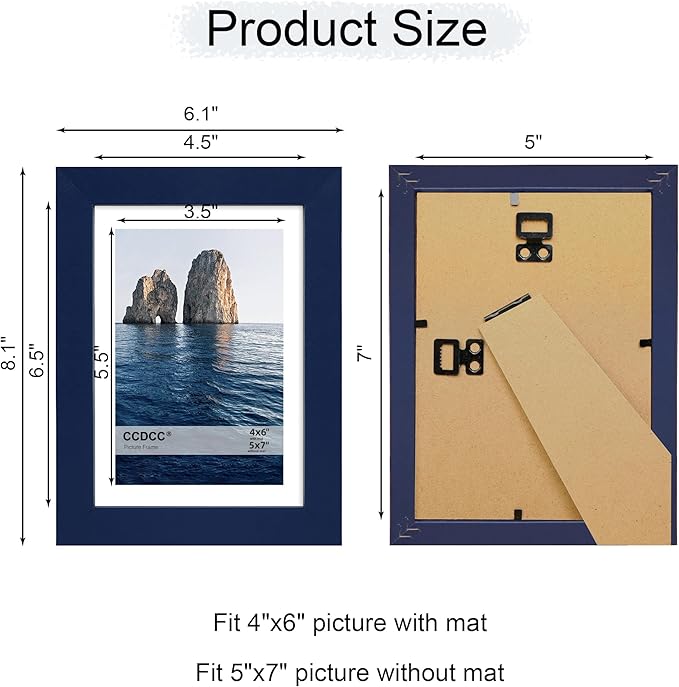 5x7 Picture Frame Set of 2, 5 x 7 Wood Photo Frames with Mat for 4x6, Natural Wooden Frame with Real Glass Cover for Wall and Tabletop Display,Blue