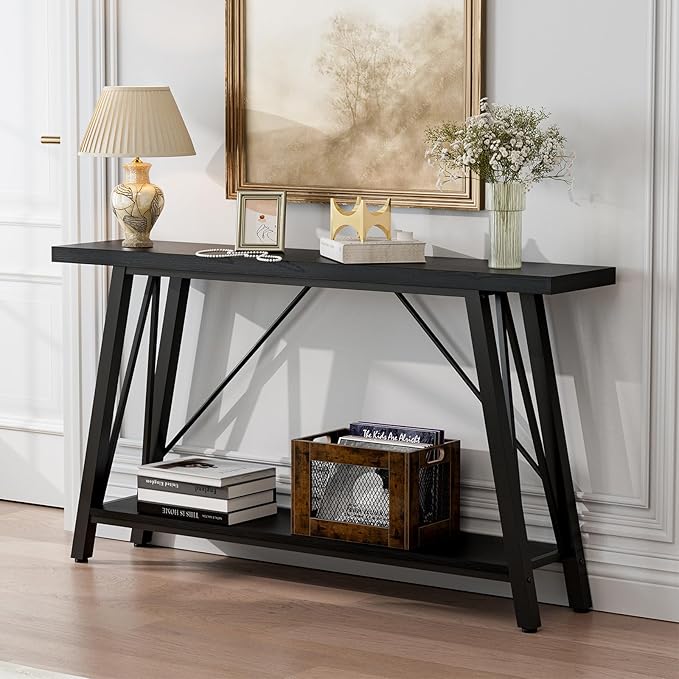 GAZHOME Console Table with Storage Shelf - Industrial Style Sofa Table Behind Couch for Living Room & Entryway, Black,53.1 Inch