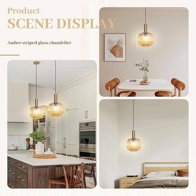 Amber Glass Pendant Light 8 inch, Mid Century Modern 1-Light Pendant Lighting for Kitchen Island Dining Room Bedroom Bar, Vintage Gold Adjustable Hanging Light Fixture Ceiling Mount