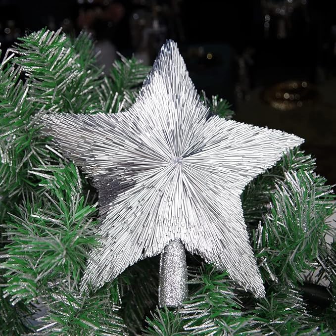 10" Luxury Christmas Tree Topper - Handmade Tree Star - Silver Treetop - Elegant Stars for Medium Large Big Christmas Tree - Lightweight Tinsel Shiny Top Star - Xmas Ornaments - Holiday Decor