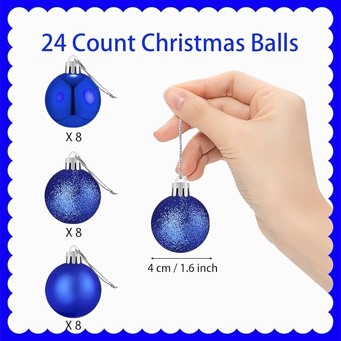 24 Count Small Blue Christmas Ornaments for Mini Christmas Tree, Small Shatterproof Xmas Tree Ornaments Balls Party Decorations, 1.6 inch