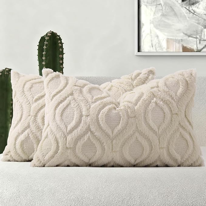 decorUhome Throw Pillow Covers 12x20 Inch Set of 2, Soft Plush Faux Wool Beige Solid Couch Pillow Covers, Accent Farmhouse Neutral Lumbar Pillow Cases for Sofa Bed Living Room