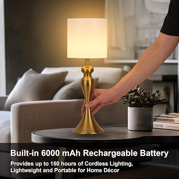 Table Lamp for Bedroom, Cordless Bedside Lamps for Living Room, Touch 3-Way Dimmable Desk Lamp for Night Stands, Rechargeable, Battery Operated Lamp with Fabric Shade for Dorm, Home Office (Brass)