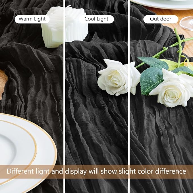 Asee'm Cheesecloth Table Runner Christmas 120 Inches Long Black Boho Gauze Cheese Cloth Runner 10FT Rustic Sheer Fall Table Runners for Thanksgiving Wedding Party Baby Shower Decoration