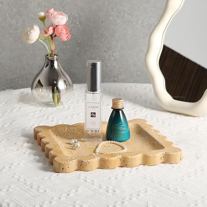 Travertine Scalloped Marble Tray, 7.8in Marble Vanity Tray, Premium Square Jewelry Dish for Perfume Earrings Keys Necklaces, Golden Decorative Tray for Bathroom, Unique Stone Dish, Decor Gift