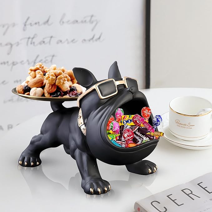 Resin French Bulldog Tray Statue, Bulldog Candy Dish Key Holder Bowl, French Bulldog Accessories, Statues for Office Desk Home Decor Figurines Entryway Table Decor (Black)