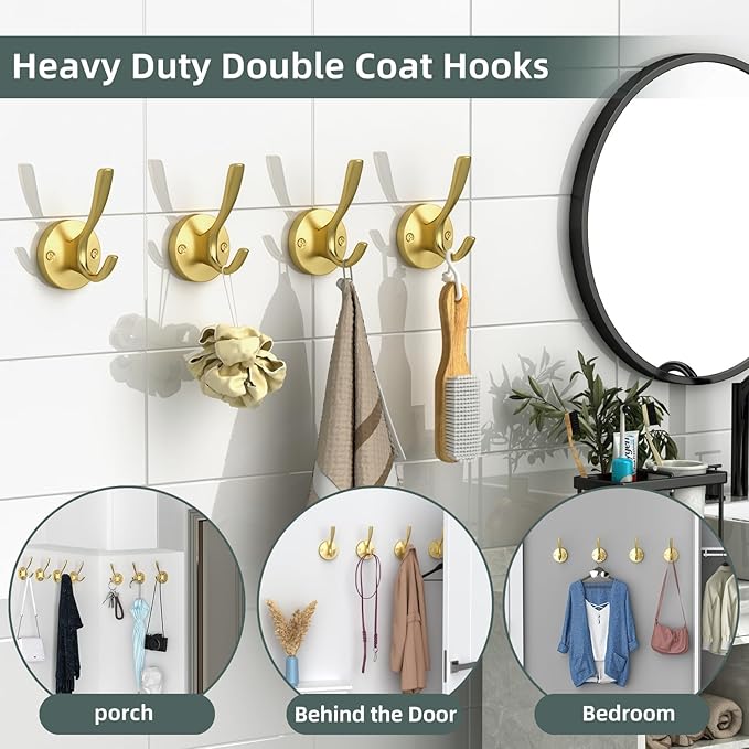 ZUONAI Gold Bathroom Towel Hooks Gold Coat Hooks 2 Pack Heavy Duty Brushed Towel Hooks Screws Solid Brass Wall Hooks for Hanging Coats, Hats, Jacket, Clothing and Keys in Bedroom Bathroom
