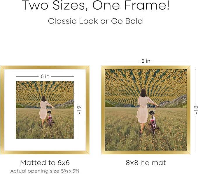 Homeforia 8x8 Picture Frame Gold, High End Metal 8 x 8 Square Photo Frames with Mat 6 by 6, 8x8 Poster Frame Matted to 6x6 inches Print, 8by8 Wall or Tabletop Frame, Tempered Glass, Wall Kit, Set of 2