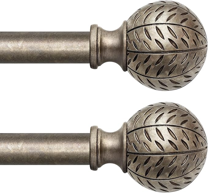 2 Pack Silver Curtain Rods for Windows 48 to 84 Inch,1'' Diameter Drapery Rods with Leaf Pattern Finials,Boho Adjustable Heavy Duty Curtain Rods Set,36-88'',Retro Silver