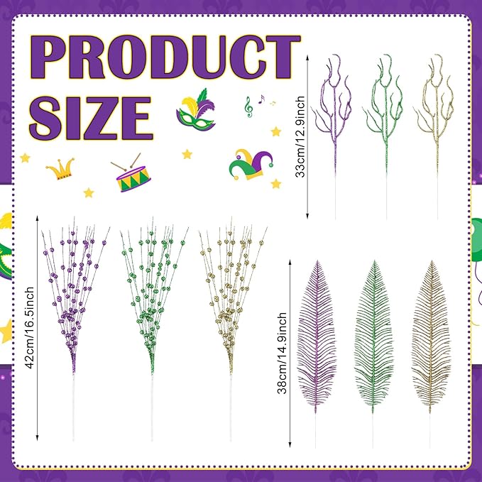 18 Pcs Mardi Gras Glitter Tree Picks Purple Gold Green Centerpiece Table Decor 17.7 Inch Mardi Gras Tree Topper Decor Branches Ornaments Carnival Decoration(Novelty)