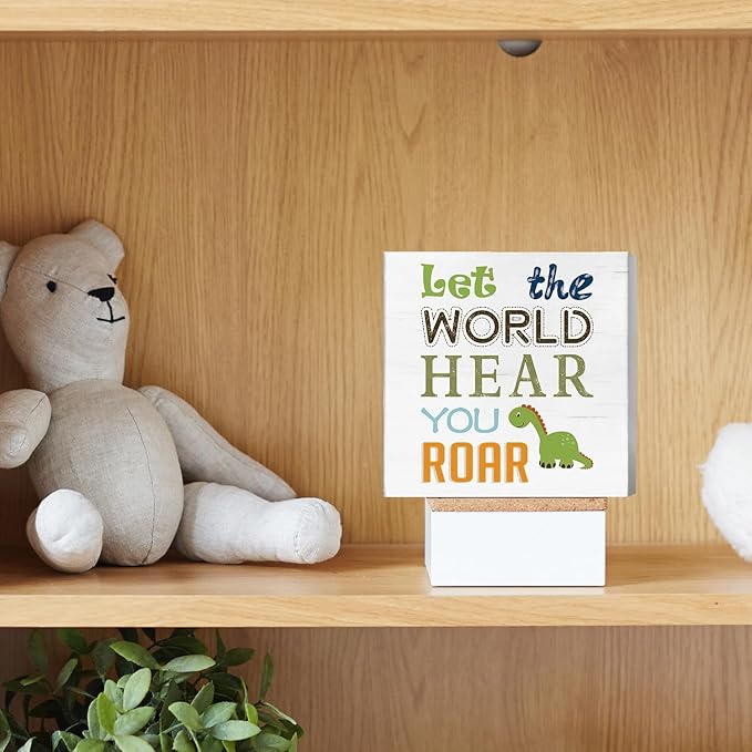 JXREQ Kids Room Decor, Funny Dinosaur Inspirational Quote Wood Box Sign, Rustic Dinosaur Desk Decor for Boys Girls Kids Bedroom Nursery Playroom Decor, 5x5 Inch