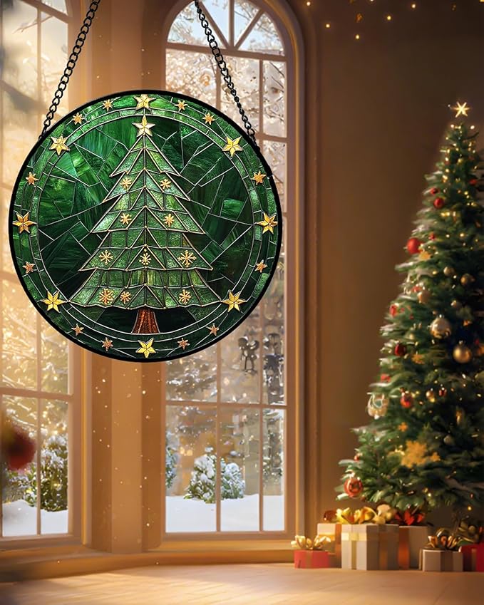 Stained Glass Window Hanging - Green Christmas Tree with Golden Stars Suncatcher for Doors Home Christmas Decoration Sun Catcher Thanksgiving New Year Birthday Gifts for Women Men Mom Nana 11.8 in