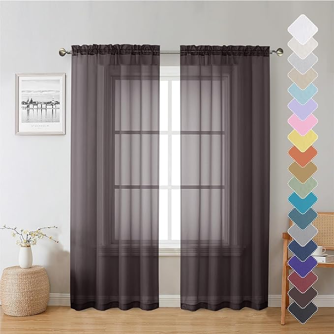 Lecloud Chocolate Sheer Curtains 72 Inches Long 2 Panels, Rod Pocket Voile Light Filtering Curtains for Door Window, Airy Sheer Drapes for Bedroom Living Room, Each Panel 42 X 72 Inch