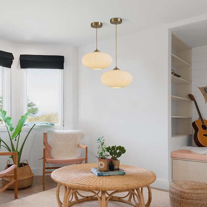 Mid Century Modern Gold Globe Pendant Light Antique Brass Pendant Lights Kitchen Island Large Milk Glass Pendant Light Ribbed Glass Ceiling Hanging Light for Living Room Dining Room