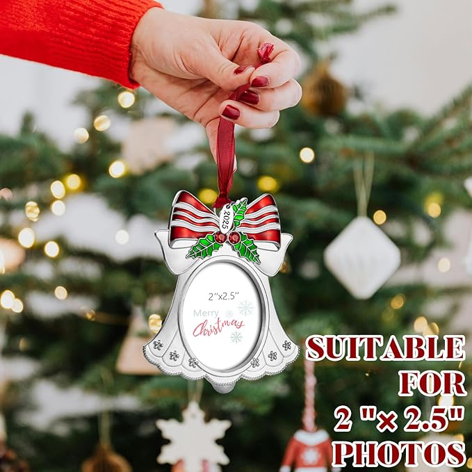 Christmas Tree Ornament - Decorative Hanging 2025 Holiday Keepsake Gift Pendant with 2X2.5 Inch Photo Frame Insert for Picture of Pet(Bell Silver)