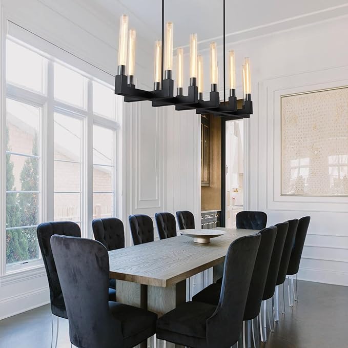Black 12-Lights Modern Chandelier with Glass Tube, 54in Chandeliers Rectangular Luxurious Large Chandelier Fixture Ceiling Pendant Lighting for Dining Living Room, Foyer