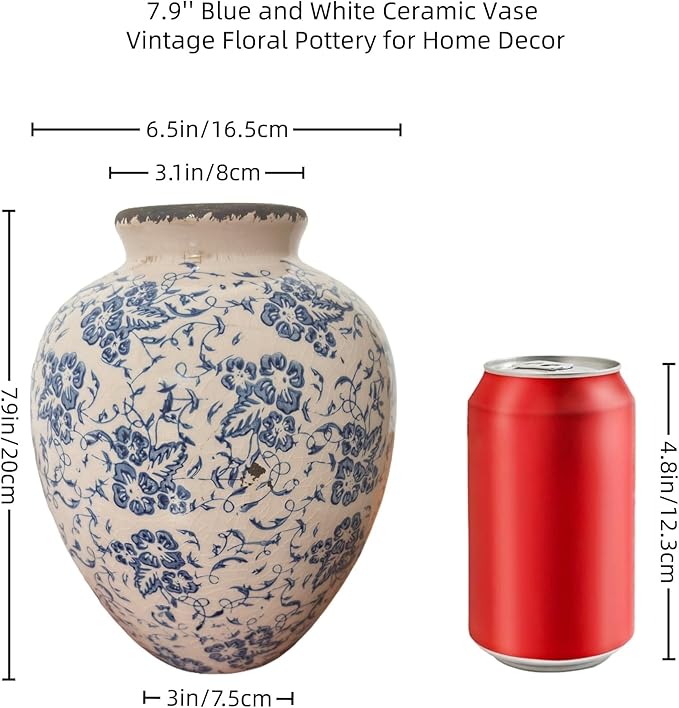 Blue and White Ceramic Vase 8 Inch – Vintage Floral Pottery Vase with Crackle Glaze, Waterproof Decorative Vase for Flowers, Greenery, Small Bouquets – Farmhouse Cottage Table Shelf Decor