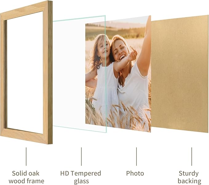 9x12 Picture Frame - 9 x 12 Photo Frame Made of Solid Oak Wood and Real Glass,Display Picture 2 Opening 5x7 with Mat or 9x12 Without Mat for Wall & Tabletop(Color Natural Oak)