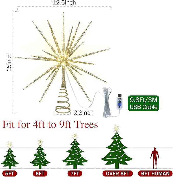 HMASYO 15 Inch Twinkling Starburst Christmas Tree Star Topper, 19-Point Gold Star Tree Topper with 150 LED, Remote Control & Timer, USB Power for Indoor Home Holiday Party Xmas Tree Decoration