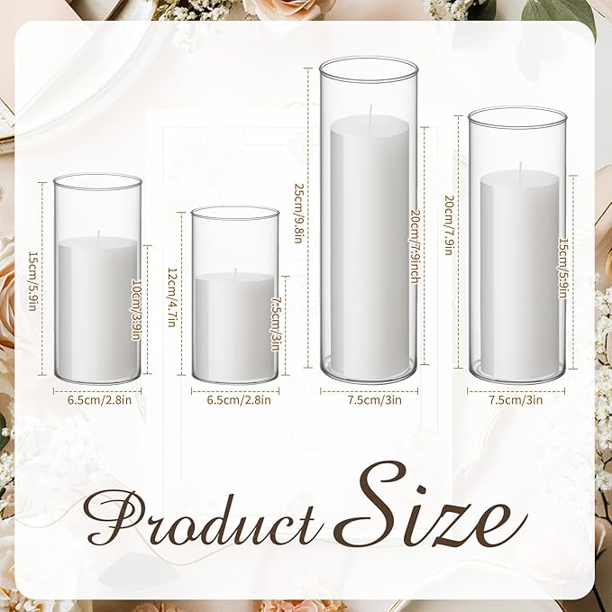 Shihanee Set of 24 Pillar Candles and Glass Cylinder Vases Assorted Sizes Clear Cylinder Holders for Pillar Candles Home Table Centerpieces Wedding Party Decorations (Multiple Sizes,White)