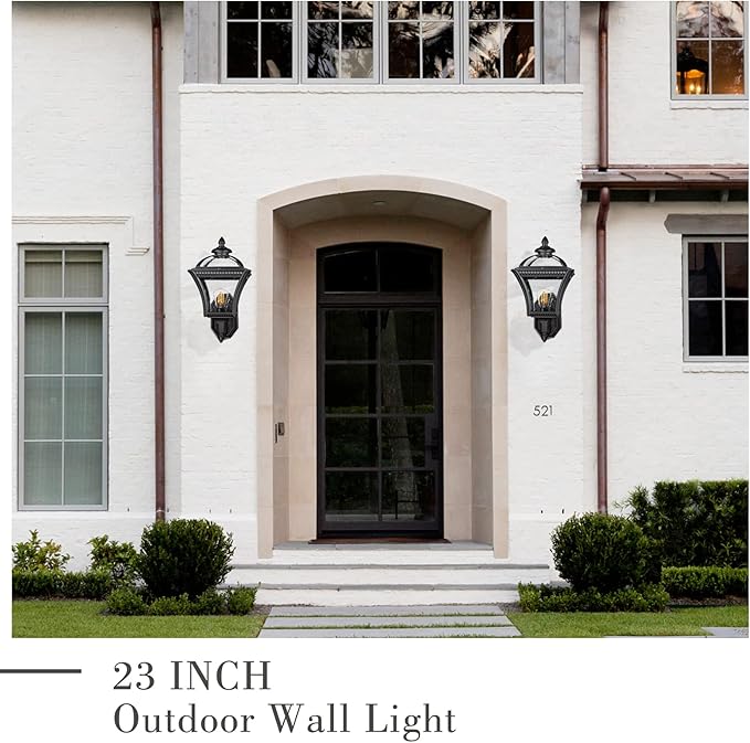 Emliviar 23 Inch Modern Exterior Light Fixture, Large Vintage Outdoor Porch Light for House, Die-Cast Aluminum with Seeded Glass, Black Finish, XE266B BK