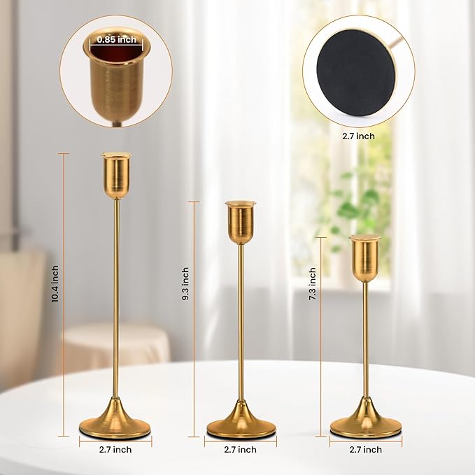 Brass Gold Candle Holder - 3 PCS Taper Candlestick Holders - Vintage Candle Stick Holders - Modern Home Decor Centerpiece - Cozy Atmosphere Gift for Home Decor, Wedding, Housewarming Gift
