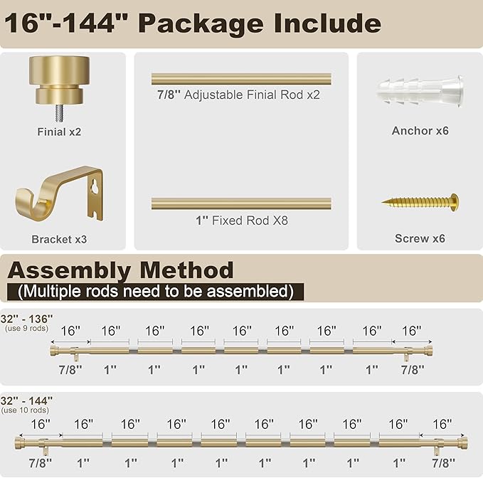 PORTRES Warm Gold Heavy Duty Curtain Rods for Windows 72 to 144 Inches Adjustable Length 1" Diameter Curtain Rod with Modern Decorative Finials for Outdoor Farmhouse Bedroom Kitchen Living Room