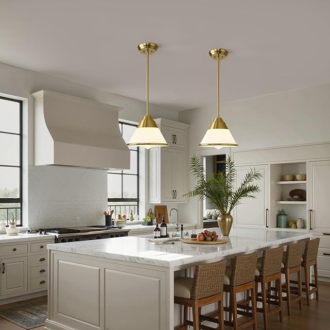 Milk Glass Pendant Light Fixture for Kitchen Island, 9.4" Gold Vintage Chandelier with Adjustable 6 Hanging Poles Pendant Light for Dining Room, Living Room, Stairway, Hallway, or Entrance