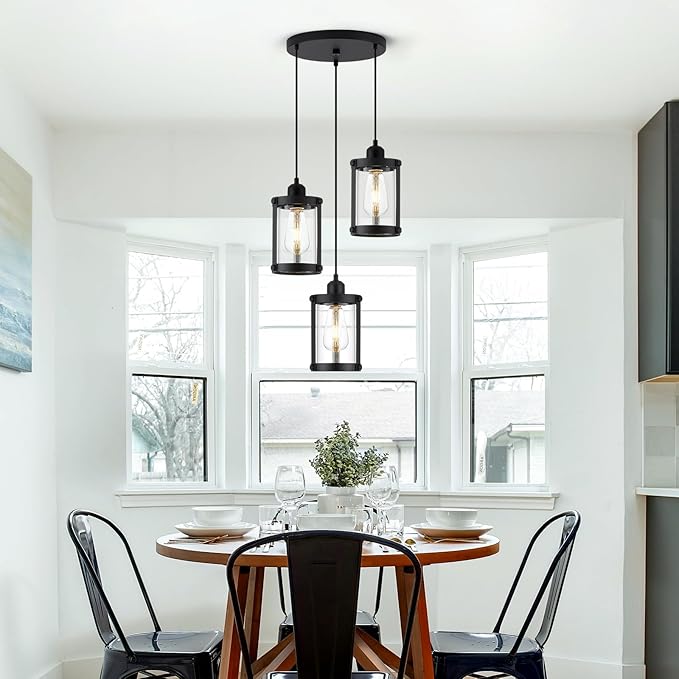 3-Light Pendant Lighting, Black Dining Room Chandelier Light Fixture Over Table with Clear Glass, Modern Cluster Hanging Lights for Kitchen Island Sink, OS-3014-3BK