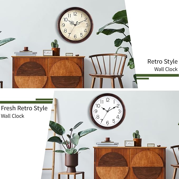 Wall Clock 10 Inch Vintage Wall Clocks Battery Operated Quartz Silent Non-Ticking Retro Rustic Style Clock Decorative for Kitchen,Bathroom, Living Room, Home Office (Bronze)