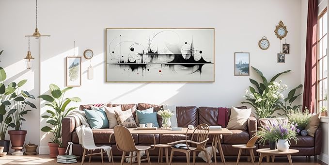 Wall Art Modern Artwork Black And White Canvas Painting Geometric Line Art Wall Decor for Living Room Bedroom Dining Room Home Office Decor 24"x48" with Framed
