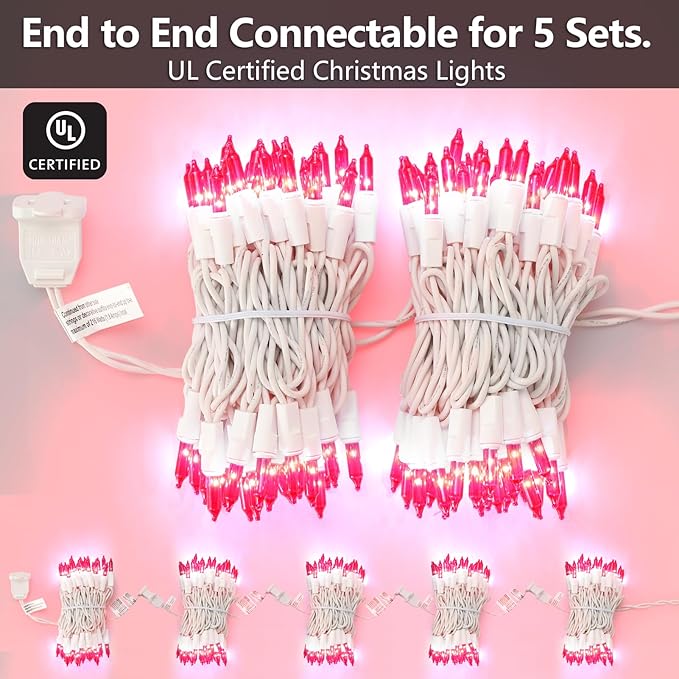 100 Count Pink Mini Christmas Lights String Plug in, 21ft Incandescent String Lights on White Cord, Pink Mini Xmas Lights for Christmas Tree Decorations Valentines Day Room Decor