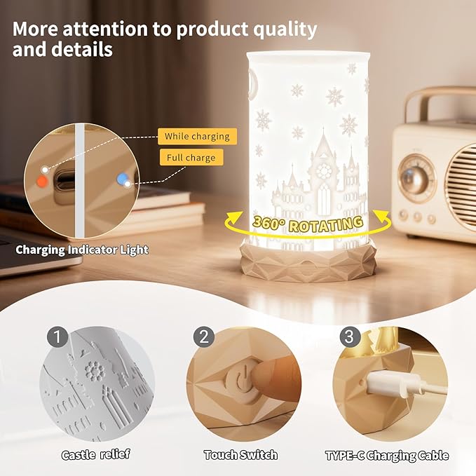 Indoor Battery Operated Table Lamp, 1500mAh Rechargeable Bedside Lamp 3 Color Temperatures with Rotatable Lampshade, USB C Charging Touch Control Nightstand Lamp for Bedroom, Dinning Room, Dorm