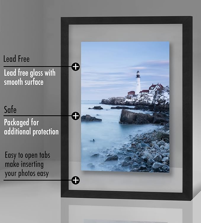 Americanflat 12x18 Floating Picture Frame with Polished Crystal-Clear Glass - Use as 8x10 Picture Frame or Display 5x7 Photo - Signature Float Collection - Photo Frames for Wall Display - Black