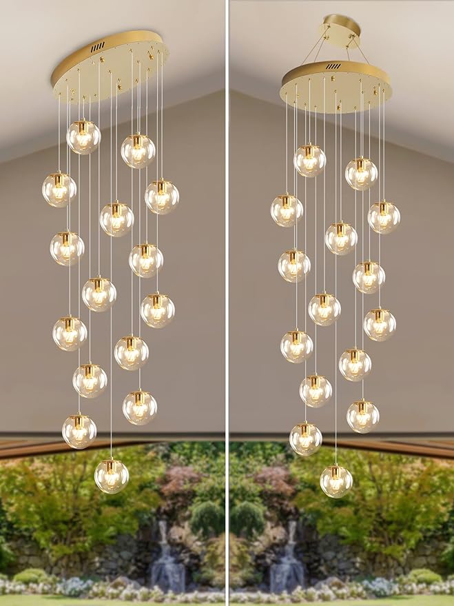 15-Light Gold Chandelier with Globe Glass Dimmable Ceiling Light Glass Pendant Light for Kitchen Island, Dining Room, Living Room, Entry Hallway, LED Bulbs Included