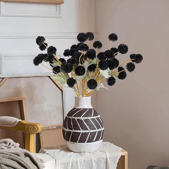 Hananona 12 Piece Artificial Chrysanthemum Flowers, Mini Black Kiku Pom Pom Mums Flower Faux Floral Arrangements Halloween Centerpiece for Fall Home Kitchen Decor (12, Black)