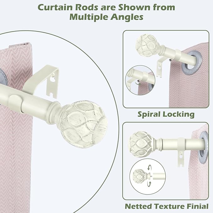 White Curtain Rods for Windows 2 Pack:Farmhouse Boho Decorative Curtain Rod for Bedroom Living Room,Heavy Duty Adjustable Rustic Drapery Rods with Vintage Coastal Finials,Antique White 18-45"