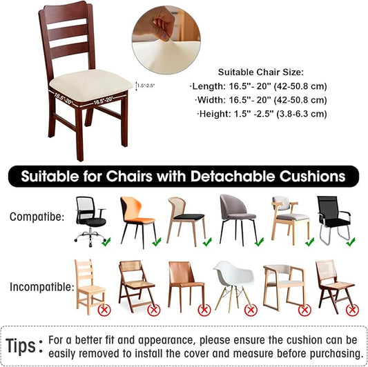 Waterproof PU Leather Seat Covers for Dining Room Chairs Set of 6, Stretch Dining Chair Slipcovers, Kitchen Chair Seat Covers, Non-Slip & Washable (Beige)
