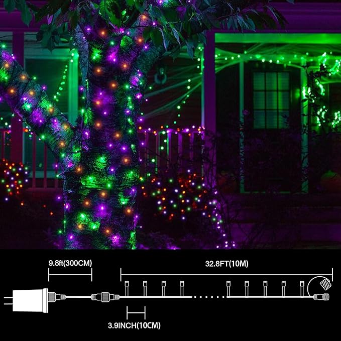 LAMPHOME 33ft Halloween Decorative Mini Lights, 100 LED Brown Wire Fairy Starry String Lights Plug in, 16Lighting Modes for Halloween Outdoor Party Decoration (Orange/Purple/Green)