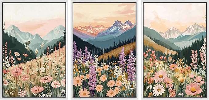 SIGNWIN Framed Canvas Print Wall Art Set Wildflower Meadow with Mountain Sunset Colorful Nature Landscape Illustrations Modern Art Decorative Zen for Living Room, Bedroom, Office - 24"x36"x3 White