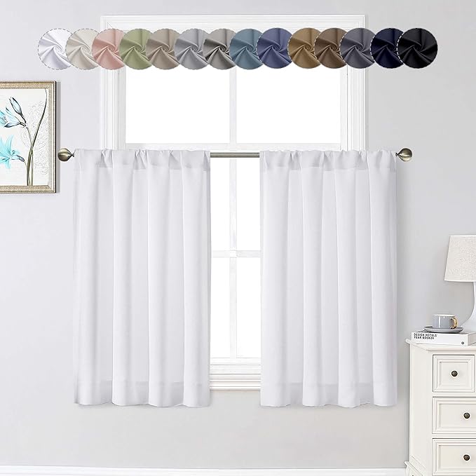 White Kitchen Curtains 36 Inch Length 2 Panels Set, Soft Solid Light Filtering Thermal Insulated Small Window Cafe Curtains for Bedroom Bathroom Living Room Basement, White, Each 40" Wx36 L