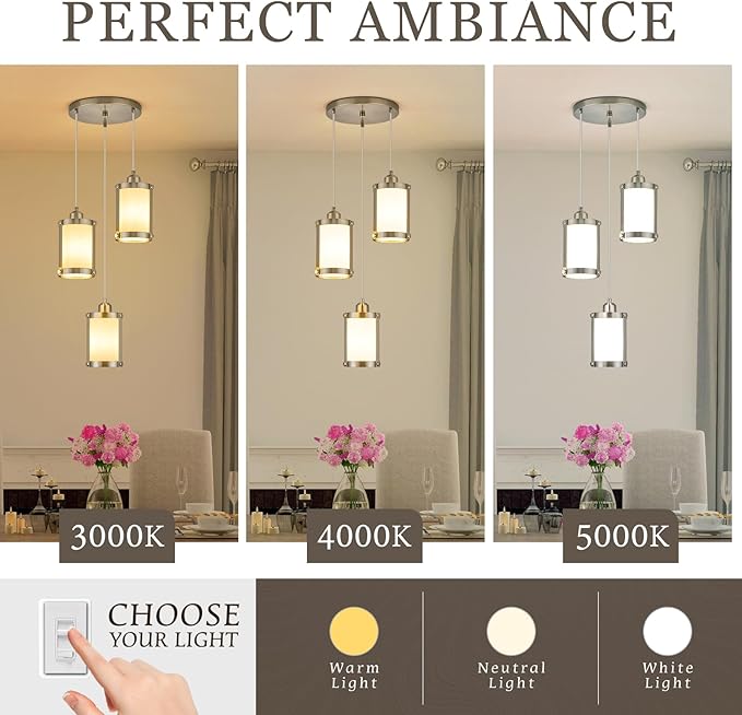 3-Light Pendant Lighting, Brushed Nickel Dining Room Chandelier Light Fixture Over Table with Milk Glass, Modern Cluster Hanging Lights for Kitchen Island Sink, OS-3014-3BNW