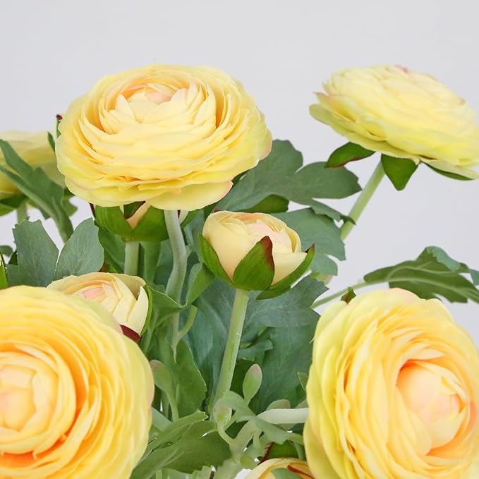 Artificial Ranunculus Flowers with Real Touch Stem, Silk Ranunculus Flowers (Creamy Yellow, 10pcs)
