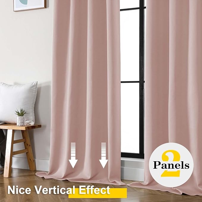 Blush Blackout Curtains for Bedroom Living Room 96 Inches Long 2 Panels, Soft Solid Room Darkening Thermal Insulated Window Treatments, Modern Rod Pocket Curtain, Blush, Each 40" Wx96 L