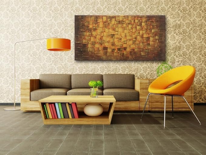 MyArton Textured Abstract Squares Canvas Wall Art Hand Painted Modern Golden Yellow Oil Painting for Decoration Ready to Hang 48x24inch
