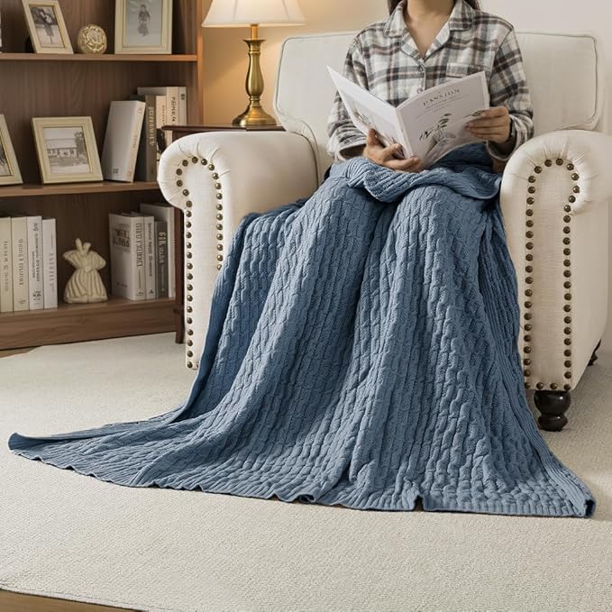 WDCOZY Cable Knit Throw Blanket – Super Soft, Warm & Lightweight Knitted Jacquard Throw Blanket for Couch, Sofa, Bed, Chair, Cozy Texture Farmhouse Decorative Home Blanket, Blue 60x80 inches