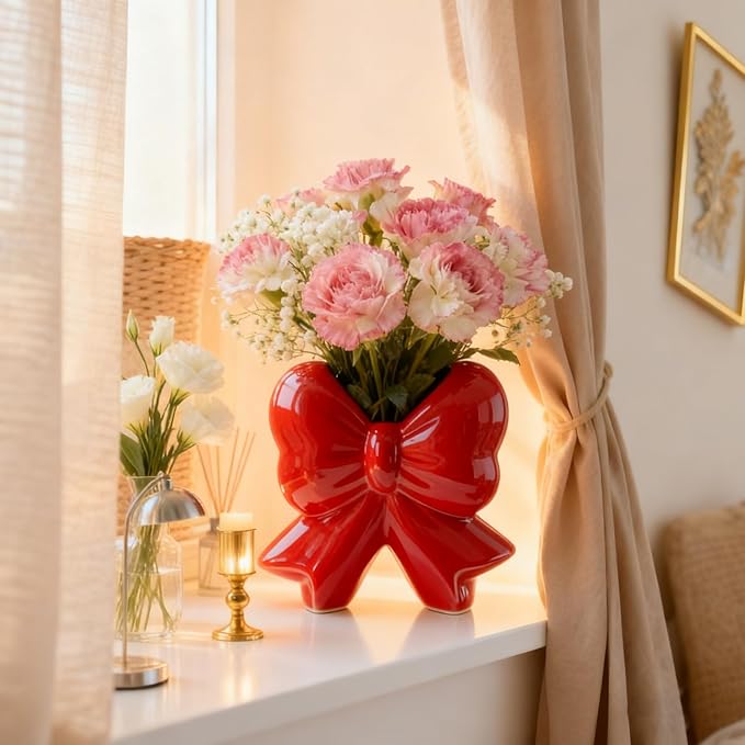 Bow Vase Red Ceramic Vase Minimalist Farmhouse Flowers Tulip Pampas Grass Flower Modern Home Bow Decor Cute Decorative for Table Bathroom Shelf